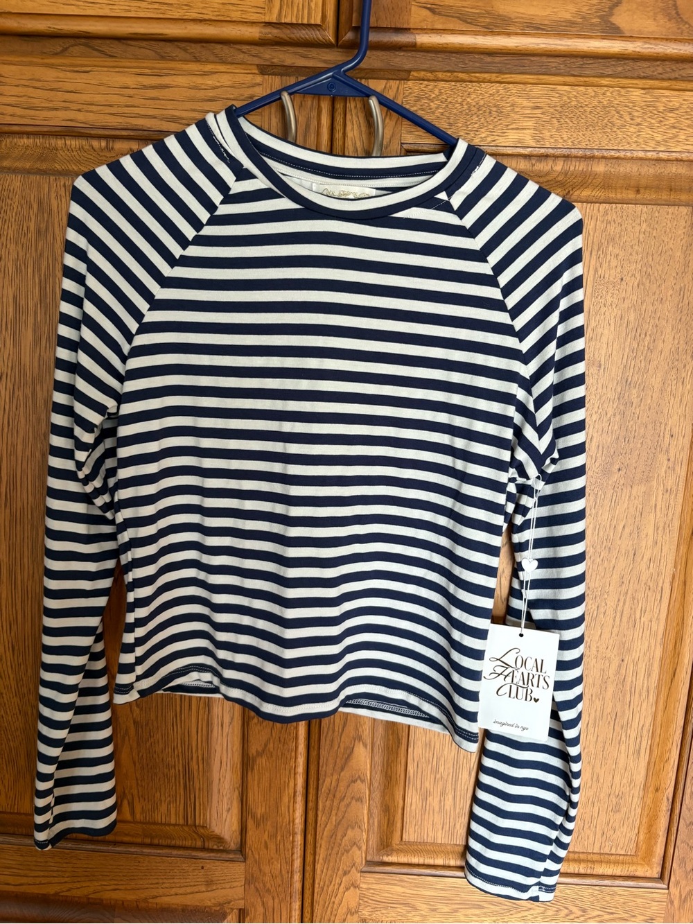 NWT Local Hearts Club Navy & White Striped Long Sleeve Tee Size Large